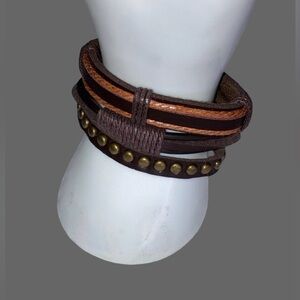 Bracelet Multilayer Faux Leather Men Women Unisex Brown Studded Cuff NWOT 3 Pcs
